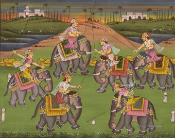 象 Painting - 象に乗ってボール遊びをするインドの女性